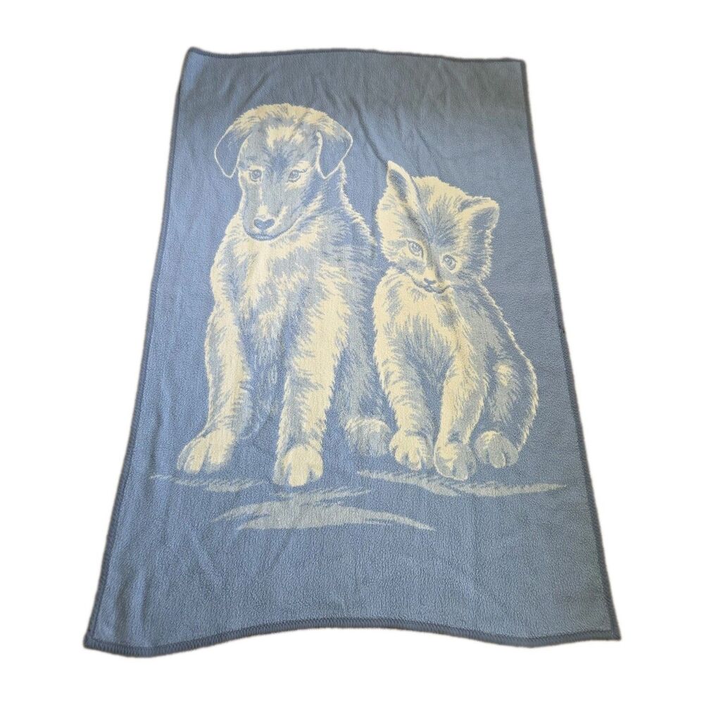 Vintage Crown Crafts Puppy Kitten Blue Acrylic Throw Blanket 60x80 Made in USA